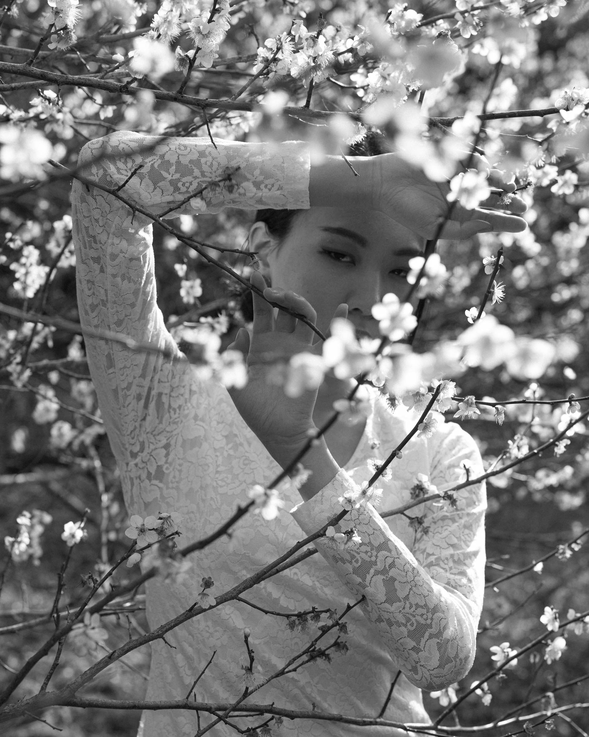 ayaをモデルに、和田剛が撮影したポートレート作品「somewhere」。季節の花とモデルを撮影したモノクロームの人物写真。